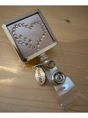 BooJee Pink Rhinestone Heart Square Id Holder Retractable Badge Cord Work School